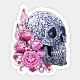 Unique Cool Blue Floral Pink Flowers Skull Sticker